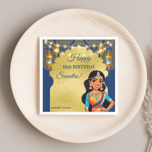 Guardanapo De Papel Festa de aniversario de meninas de estilo indiano  (Indian style girls birthday party printed template napkins personalized table decor blue and gold)