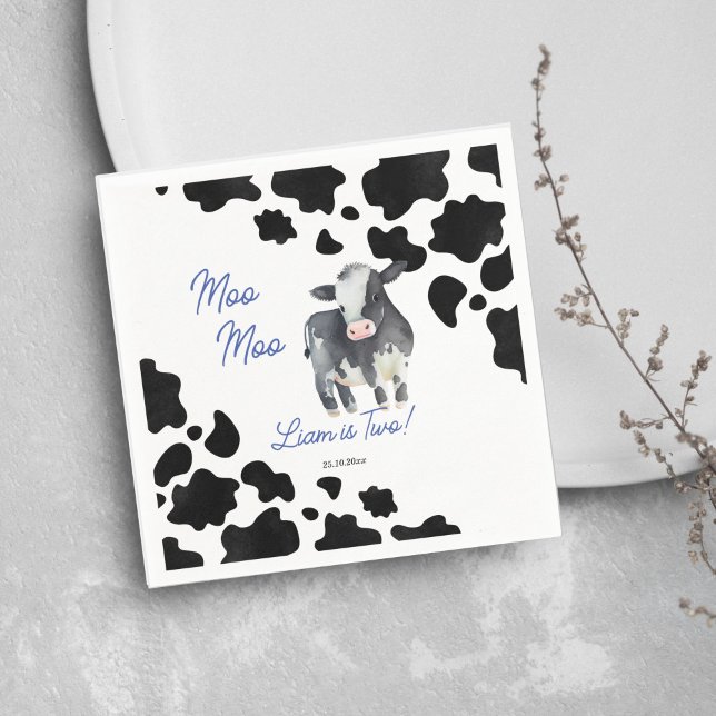 Guardanapo De Papel Festa de aniversário de vaca negra e azul-doce (Moo moo cow birthday party plates black and blue cute cow party tableware personalized napkins)