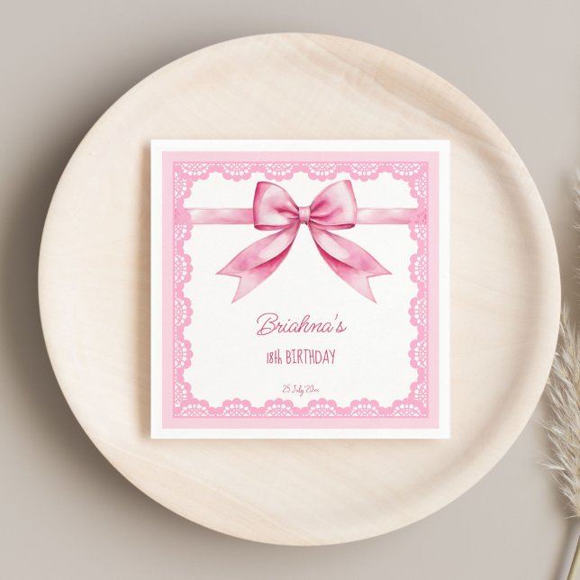 Guardanapo De Papel Festa de aniversário do coquete do arco rosa impre (Pink bow coquette birthday party printed napkins template personalized birthday napkins vintage lace)