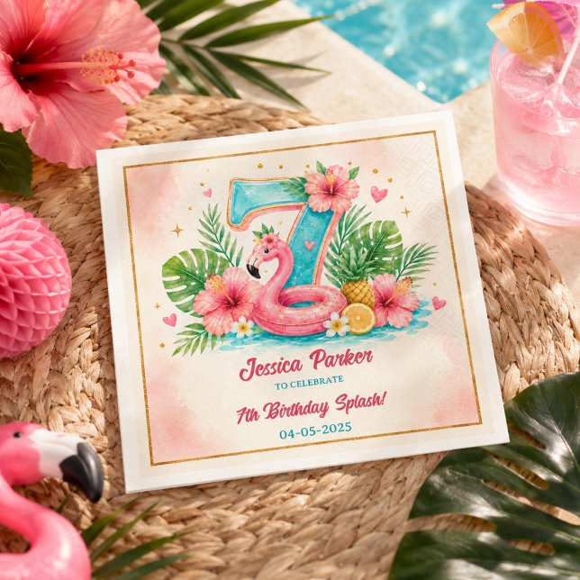 Guardanapo De Papel Festa de Aniversário Tropical Flamingo Pool Splash (Tropical Flamingo Pool Party 7th Birthday Splash Napkins
)