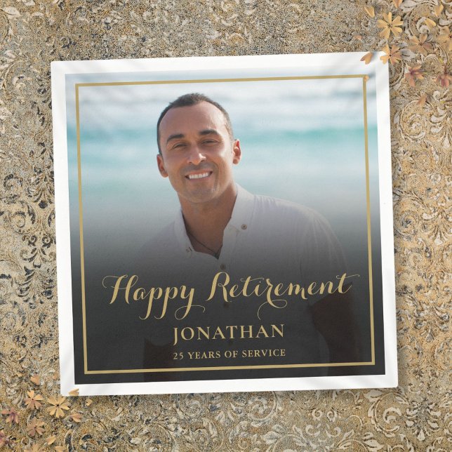 Guardanapo De Papel Festa de Aposentadoria Foto em Letra Dourada Elega (Elegant Gold Script Retirement Party Photo Napkins)