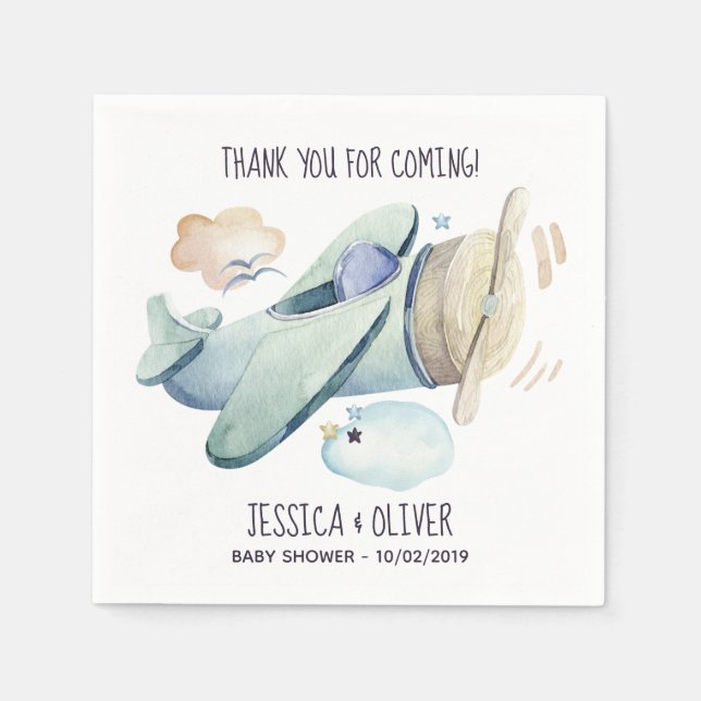 Guardanapo De Papel Festa de Avião de Aquarela Azul (Frente)