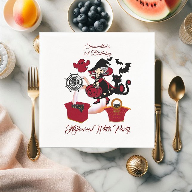 Guardanapo De Papel Festa de Bruxas de primeiro aniversario Spooky Fes (1st Birthday Spooky Witch Party Halloween Cat Cute Napkins)