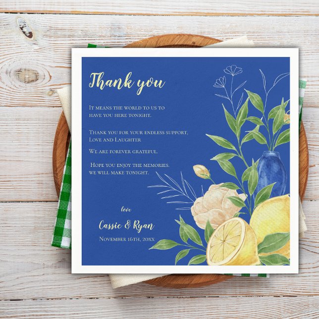 Guardanapo De Papel Festa de casamento Blue Floral Lemon - Obrigado Me (Blue Floral Lemon Wedding Party Thank You Message Napkins)