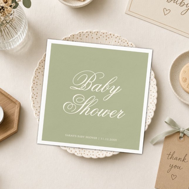 Guardanapo De Papel Festa de Chá de Bebê Simples em Verde Sage (Sage Green Baby Shower Paper Napkin | Gender Neutral Baby Shower Tableware)