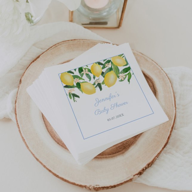 Guardanapo De Papel Festa de Chá de fraldas do Lemons Blue Boy (Watercolor lemons with pale blue accents napkins for baby boy shower )
