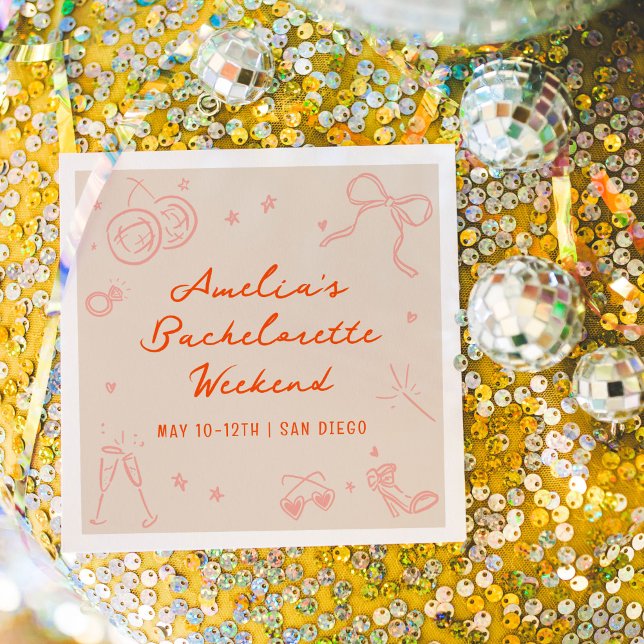 Guardanapo De Papel Festa de Despedida de Solteira com Desenho Rosa e  (Pink and red hand drawn sketch girly icon illustrations bachelorette party napkins.)