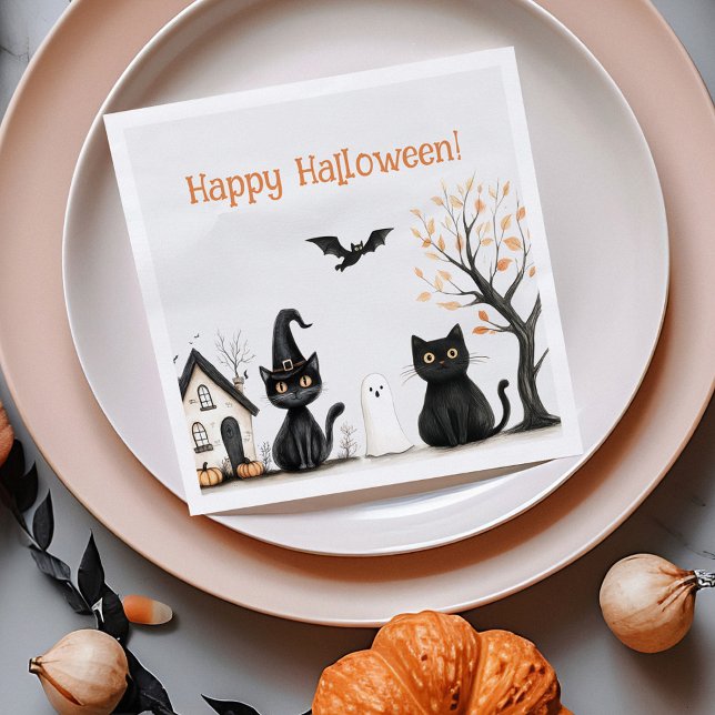 Guardanapo De Papel Festa de Dia das Bruxas de Gatos Pretos (Cute Black Cats Halloween Party Napkins on an orange plate with autumn decoration)