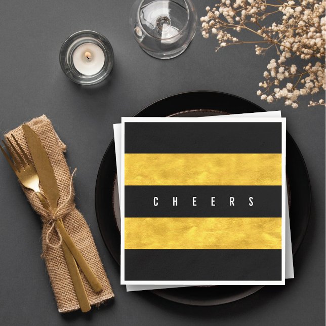 Guardanapo De Papel Festa de Feriado Chic Gold Foil Black Stripes (Cheers Chic Gold Foil Black Stripes Holiday Party Paper Napkins @ fat_fa_tin)