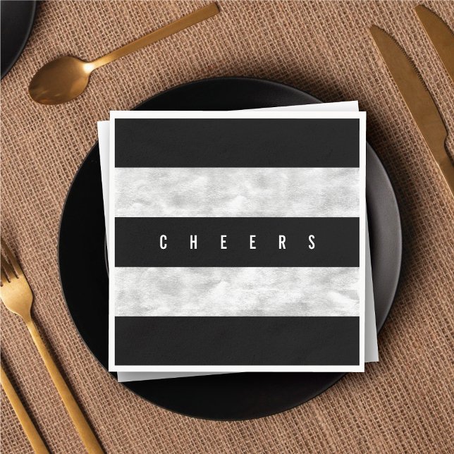 Guardanapo De Papel Festa de Feriado Negro de Folha de Prata Chic (Cheers Chic Silver Foil Black Stripe Holiday Party Paper Napkins @ fat_fa_tin)