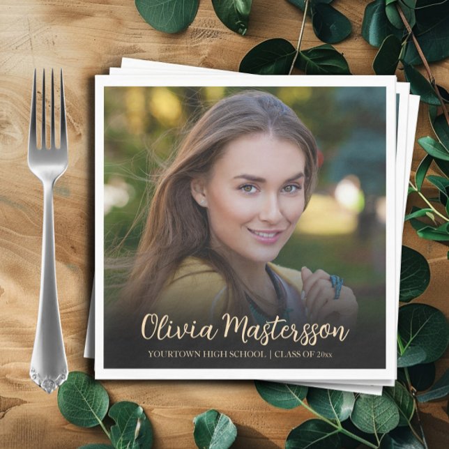 Guardanapo De Papel Festa de formatura de Fotografias Dourada Moderna  (Black and gold graduation party photo paper napkins.)