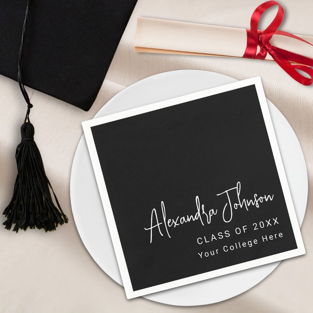 Guardanapo De Papel Festa de formatura de Script de Tendência Moderna (Black and white Modern trendy script graduation party napkin )