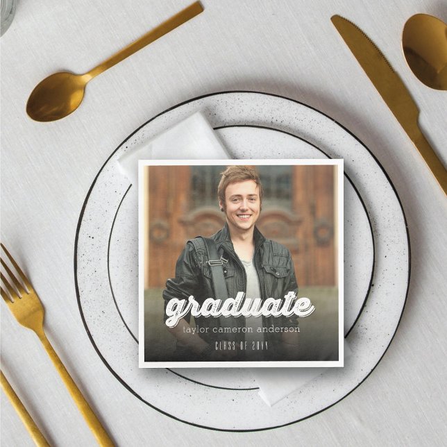 Guardanapo De Papel Festa de Formatura Foto Script Grunge Bold Graduad (Grunge Bold Graduate Script Photo Modern Graduation Party Paper Napkin @ zazzle.com/color_therapy)