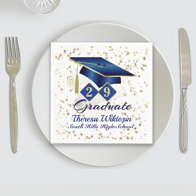 Guardanapo De Papel Festa de formatura personalizada azul e Dourado 20 (Personalized Graduation Party Blue & Gold Napkins)