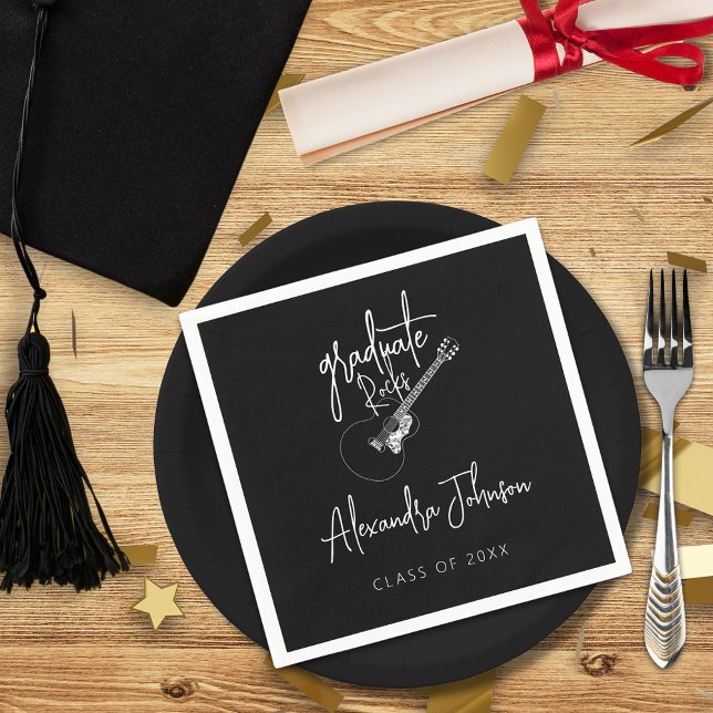Guardanapo De Papel Festa de Graduação de Guitarra com Letra Moderna e (Modern trendy black and white minimalist guitar themed graduation party custom napkin)