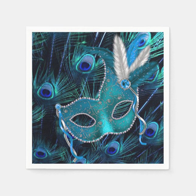 Guardanapo De Papel Festa de Máscaras Pavão Azul Turquesa (Frente)