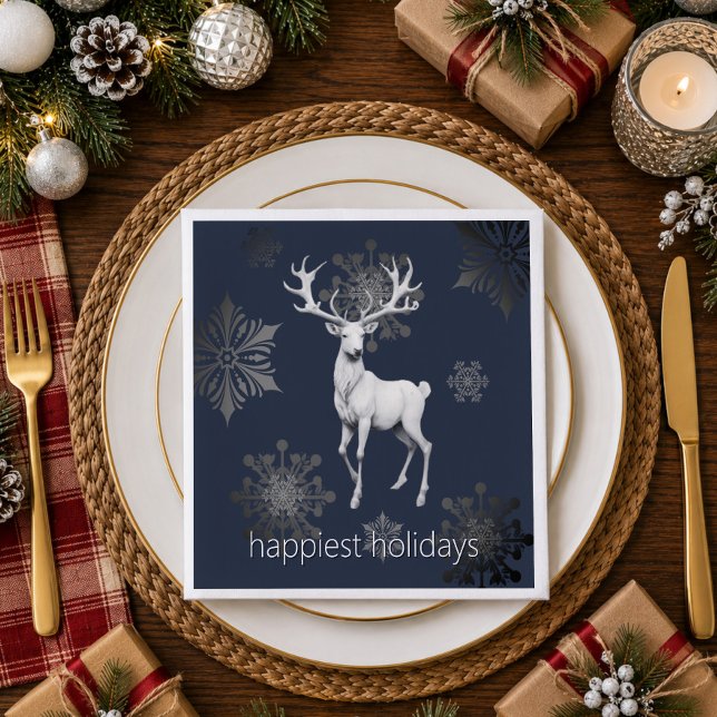Guardanapo De Papel Festa de Natal com Rena de Marfim | Azul (Ivory Reindeer Christmas Party Blue Napkins)