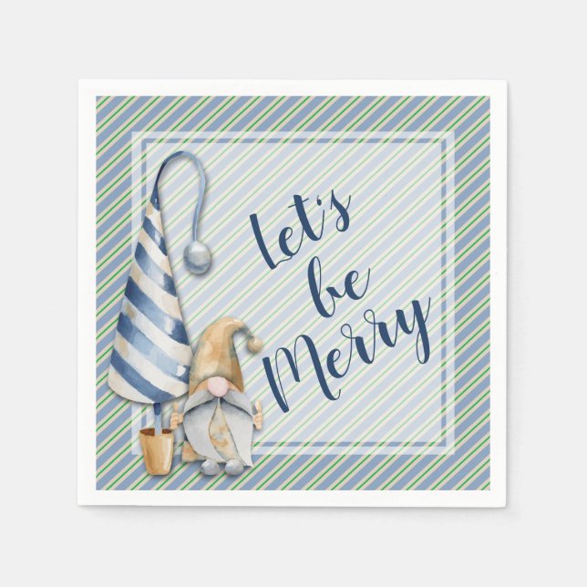 Guardanapo De Papel Festa de Natal Gnomo sobre Férias de Stripes Azuis (Frente)