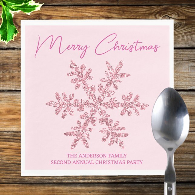 Guardanapo De Papel Festa de Natal Mínima com Glam Rosa Floco de Neve (Pink snowflake paper napkins perfect for holiday parties, lunches, dinners and brunches.)