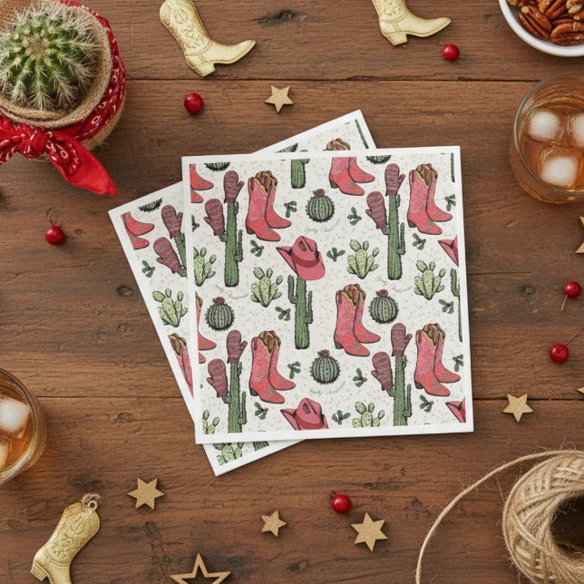 Guardanapo De Papel Festa de Natal Ocidental Boots Howdy Natal (Western Howdy Christmas Ivory Paper Napkins. Pink & Red Xmas Cowgirl Boots, Succulents, Cacti)