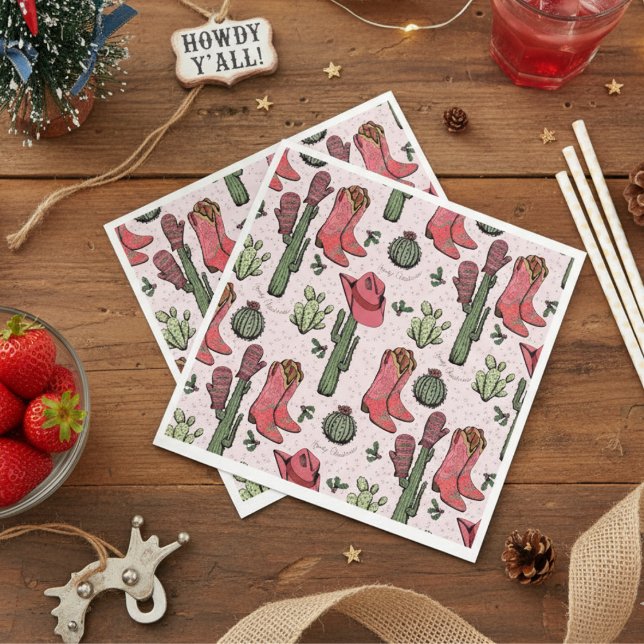 Guardanapo De Papel Festa de Natal Ocidental Boots Howdy Natal (Western Howdy Christmas Pink Paper Napkins. Pink & Red Xmas Cowgirl Boots, Succulents, Cacti)