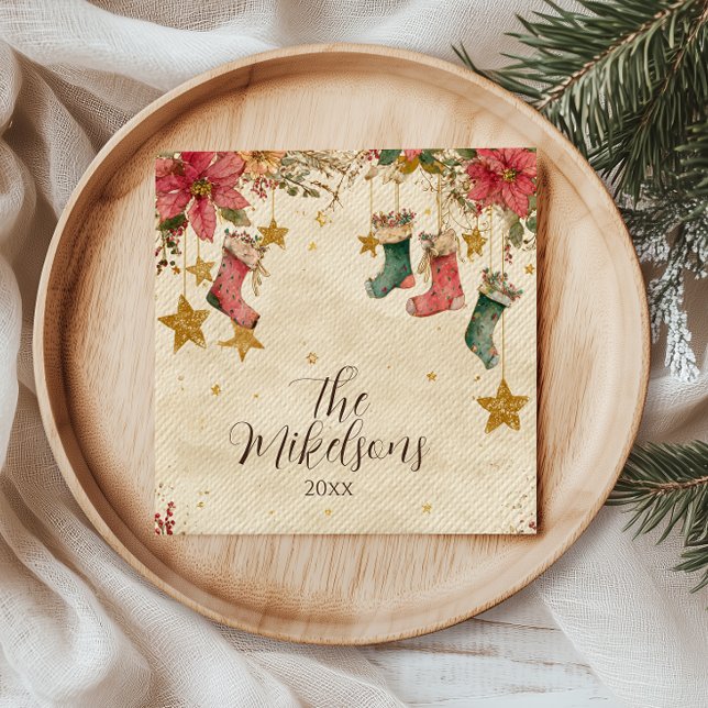 Guardanapo De Papel Festa de Natal Rustic Stockand Poinsettias (Criador carregado)