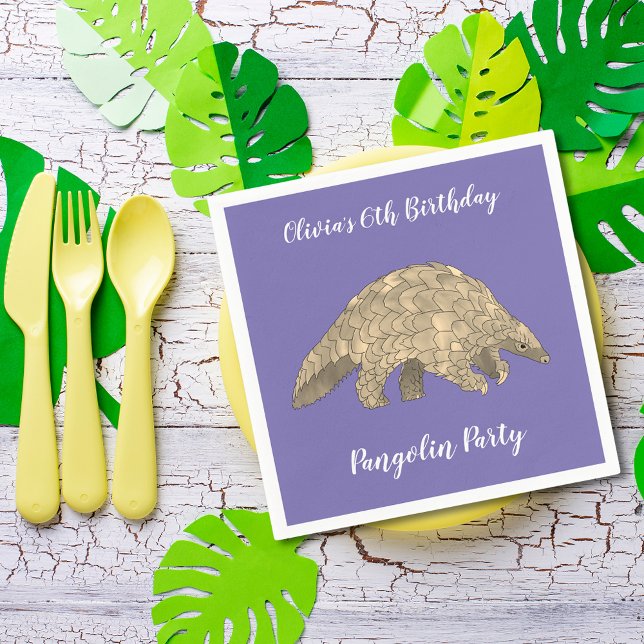 Guardanapo De Papel Festa de Pangolin Meninas 6 Aniversário Roxo Apeli (Cute pangolin wildlife animal art 6th birthday party custom purple paper napkins )