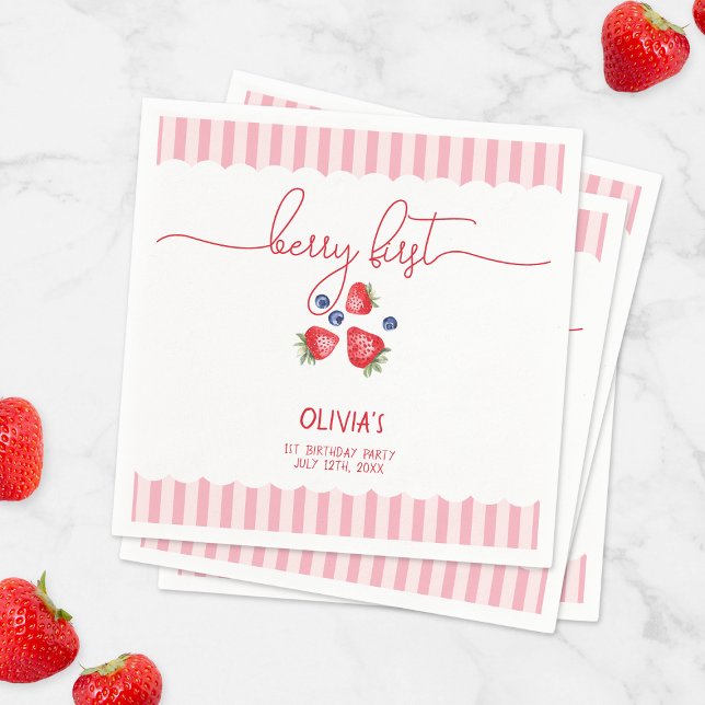 Guardanapo De Papel Festa de primeiro aniversario da Berry First Straw (Berry First Strawberry Red Girl 1st Birthday Party Napkins)