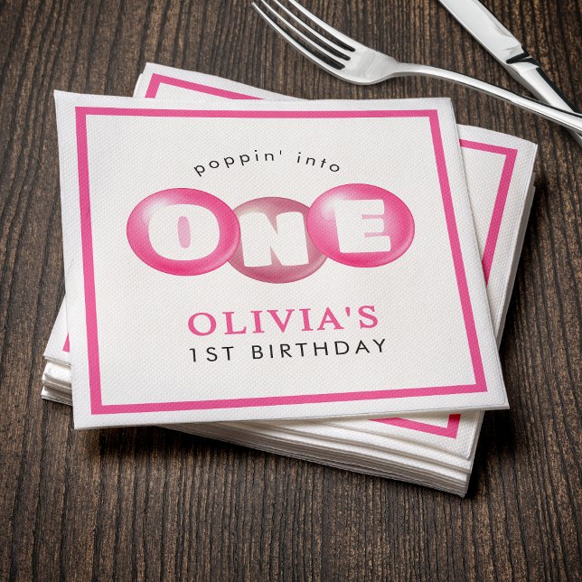 Guardanapo De Papel Festa de primeiro aniversario de Menina Rosa-Rosa  (Bubblegum Pink Poppin Girl 1st Birthday Party Napkins
)