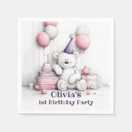Guardanapo De Papel Festa de primeiro aniversario de Urso Rosa-Rosa-Ro