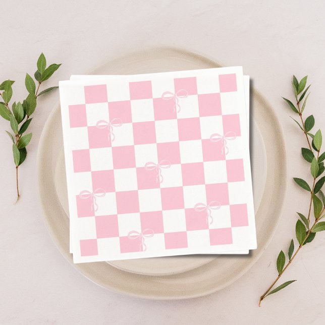 Guardanapo De Papel Festa de Solteira Rosa Xadrez com Laço Cor-de-Rosa (Pink Bow Checkered Girly Bachelorette Party Napkins)
