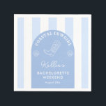 Guardanapo De Papel Festa de solteira Whimsical Coastal Cowgirl<br><div class="desc">Este azul e branco divertidos é baseado em uma bota de cowboy desenhada manualmente com uma mão branca contra uma forma de arco azul,  com um fundo largo azul e branco listrado. Observe que todos os elementos (arch,  stripes,  inicialização,  shell,  texto) podem ser alterados para suas próprias cores personalizadas).</div>