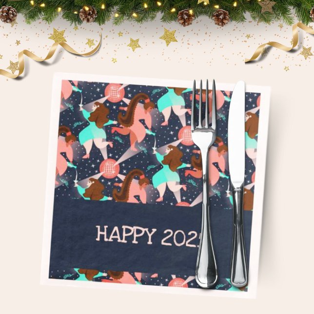 Guardanapo De Papel Festa de vamos! Ano Novo (New Year party napkin with dancing people, stars and champagne.)