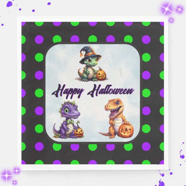 Guardanapo De Papel Festa Dino-Mash do Dinossaur do Halloween (Happy Halloween Dino Napkins with Purple Font)