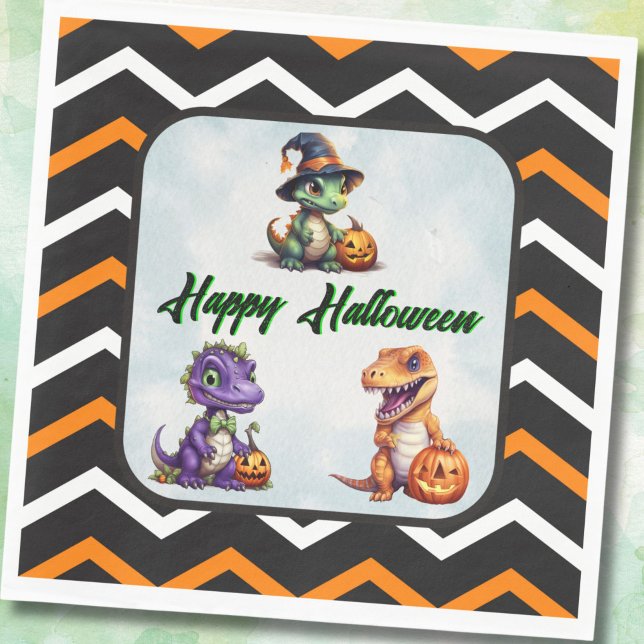 Guardanapo De Papel Festa Dino-Mash do Dinossaur do Halloween (Halloween Dino Party Napkins with Chevron Stripes)