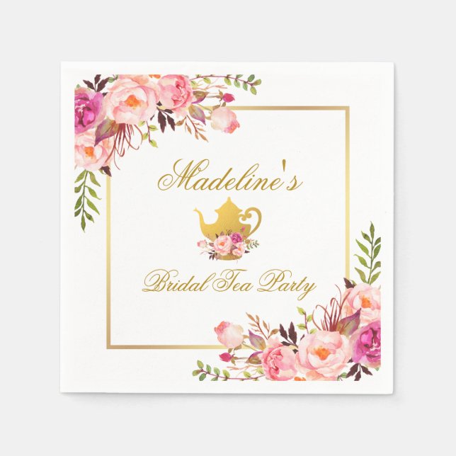 Guardanapo De Papel Festa Dourada rosa de chá com Chá de panela Floral (Frente)