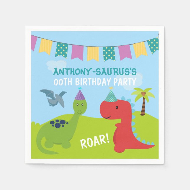 Guardanapo De Papel Festa Personalizada de Dinossauro Fofa (Frente)