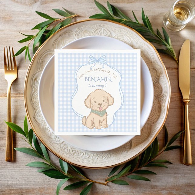 Guardanapo De Papel Festa retrô de Snips, Snails e Rabinhos de Cachorr (Snips, Snails, and Puppy Dog Tails blue past gingham vintage dog birthday party personalized Napkins)