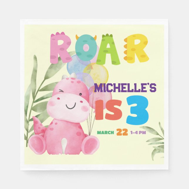 Guardanapo De Papel Festas de aniversário Bonitas De Dinossauro Menina (Frente)