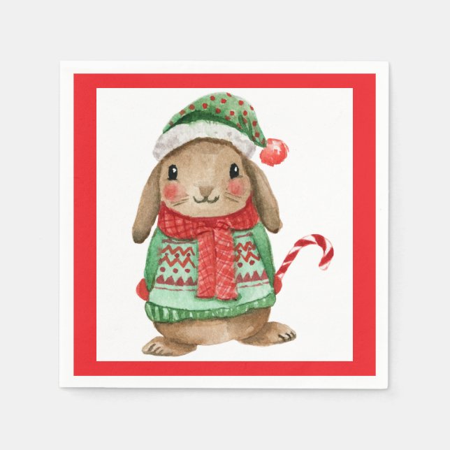 Guardanapo De Papel Festive christmas bunny with candy cane (Frente)