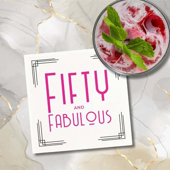 Guardanapo De Papel Fifty and Fabulous Hot Pink Art Deco 50th Birthday (Fifty and Fabulous Hot Pink Art Deco 50th Birthday Napkins with Black and White Art Deco Corners.)