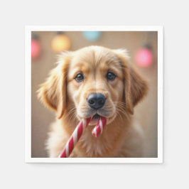 Guardanapo De Papel Filhote de Retriever Dourado Com uma Cana de Açúca