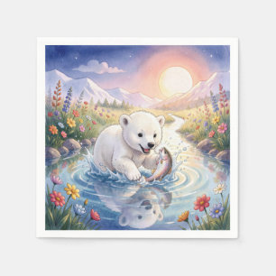 Guardanapo De Papel Filhote de Urso Polar Brincando com um Peixe
