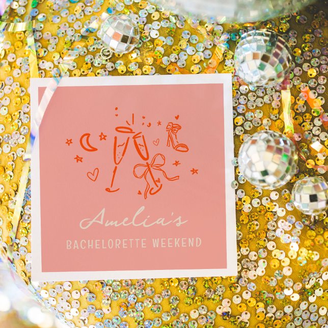 Guardanapo De Papel Fim de Semana de Despedida de Solteira com Desenho (Pink and red hand drawn sketch girly icon illustrations bachelorette party napkins.)