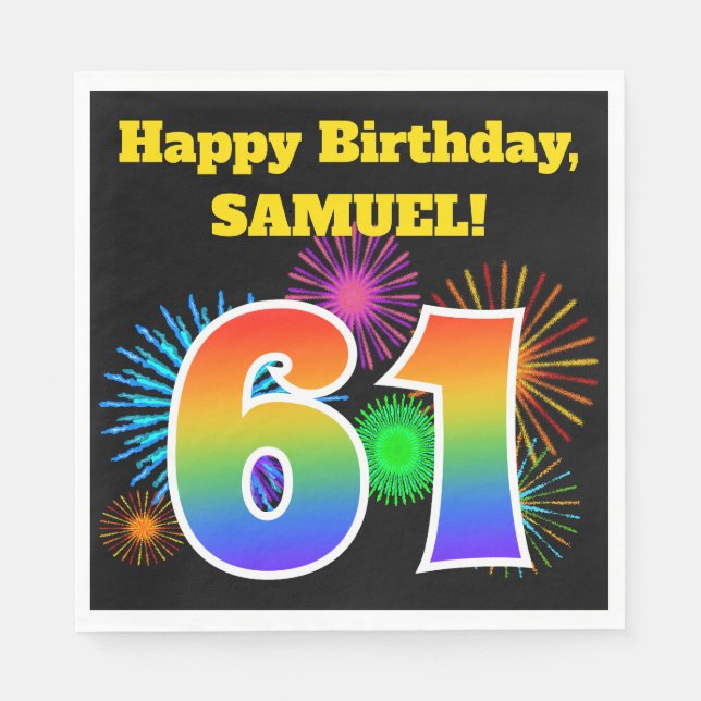 Guardanapo De Papel Fireworks divertido + Rainbow Pattern "61" Anivers (Frente)