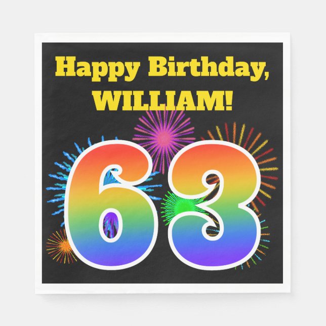 Guardanapo De Papel Fireworks divertido + Rainbow Pattern "63" Anivers (Frente)