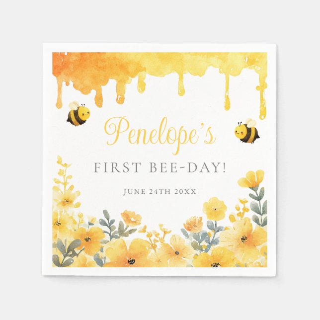 Guardanapo De Papel First Bee Day Yellow Wildflowers 1st Birthday (Frente)