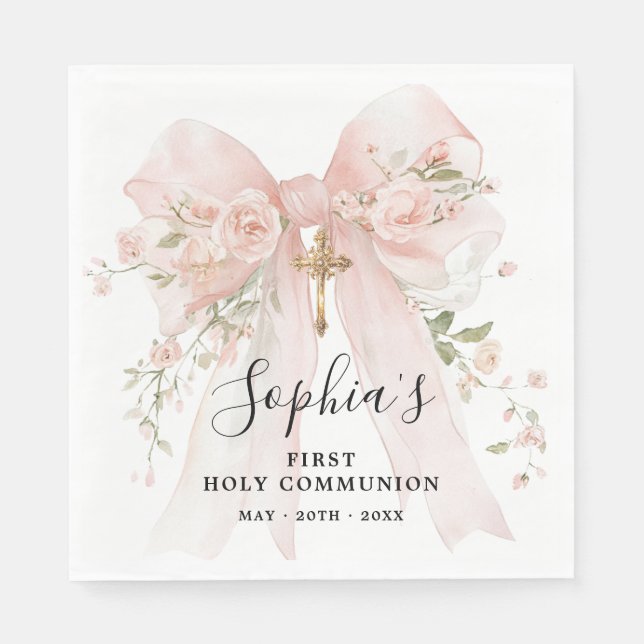 Guardanapo De Papel First Communion Girl Pink Bow Roses Custom (Frente)