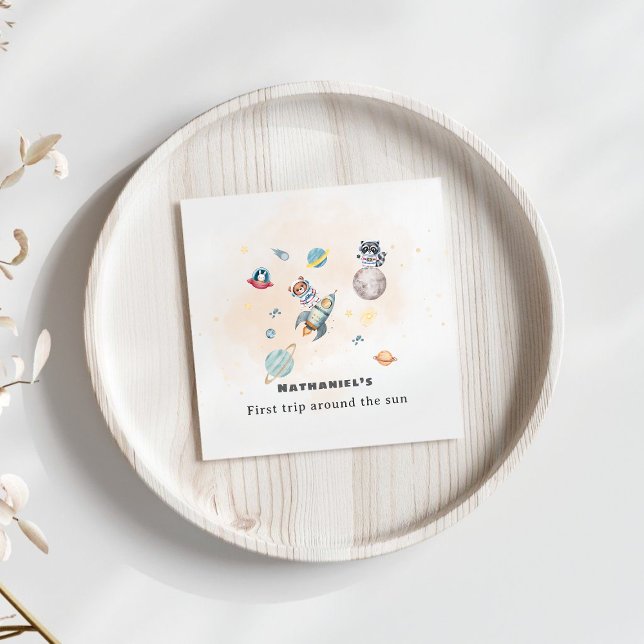 Guardanapo De Papel First Trip Around the Sun space animals Birthday  (Criador carregado)