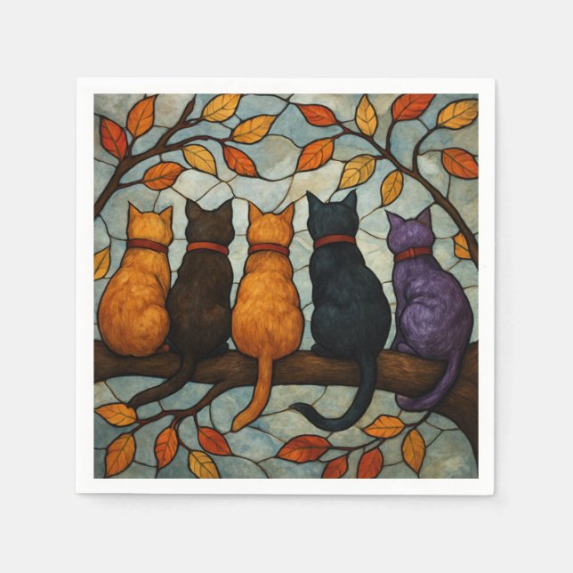 Guardanapo De Papel Five Cats on a Tree Branch Stained Glass Style (Frente)